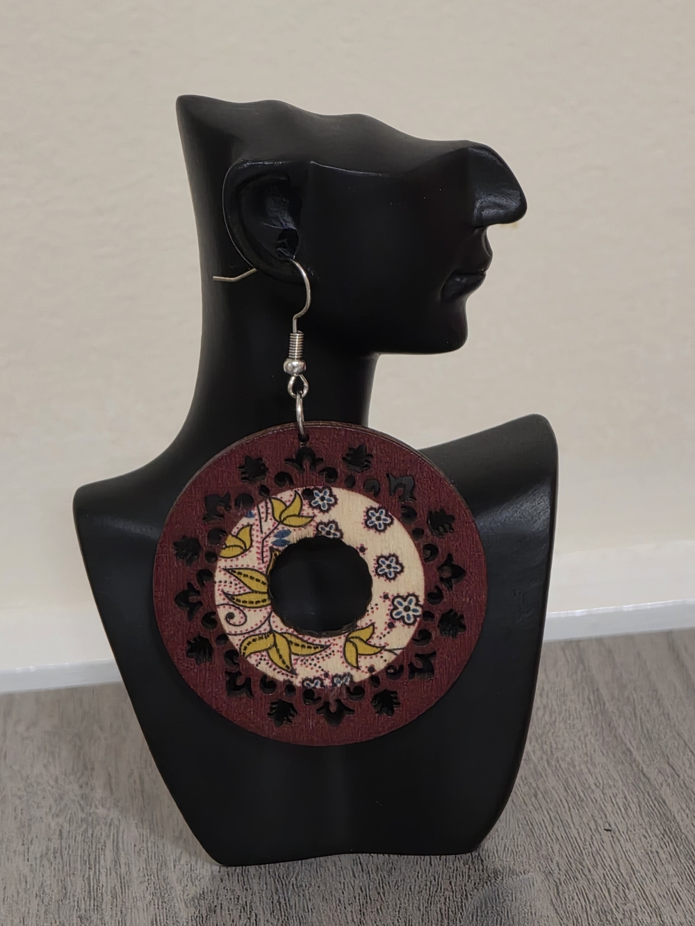 Boho Wood Large Hoop Circle Dangle Earrings Floral Mandala Retro Ethnic